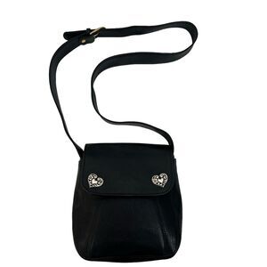 Vintage Bag Black Leather Crossbody Silver Heart Concho Adjustable Strap READ
